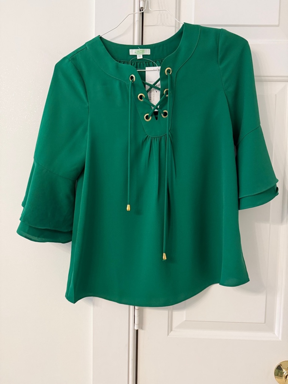 Jade Emerald Green Lace-Up Peasant Blouse